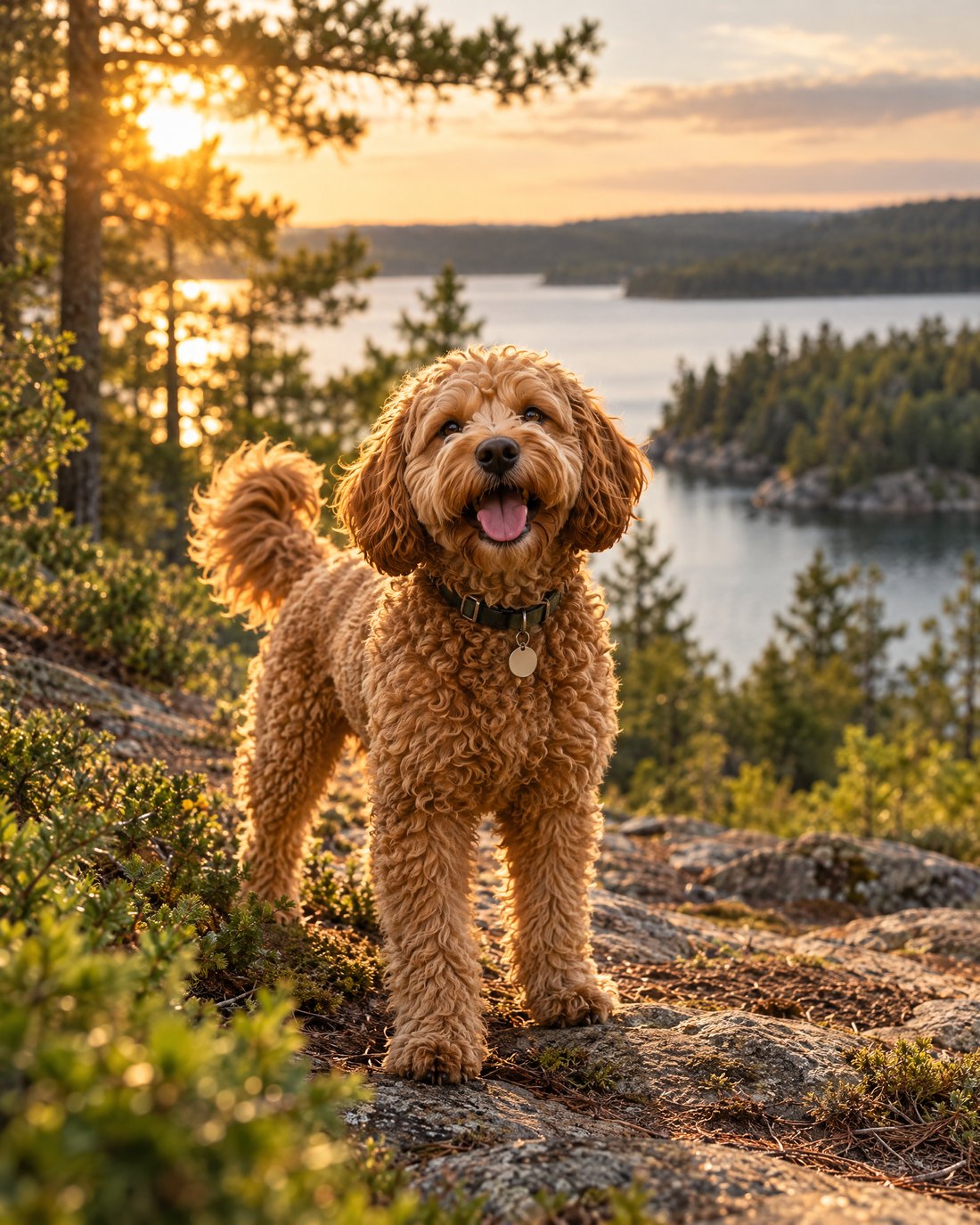 A happy dog exploring a lakeside trail in the Muskoka woods