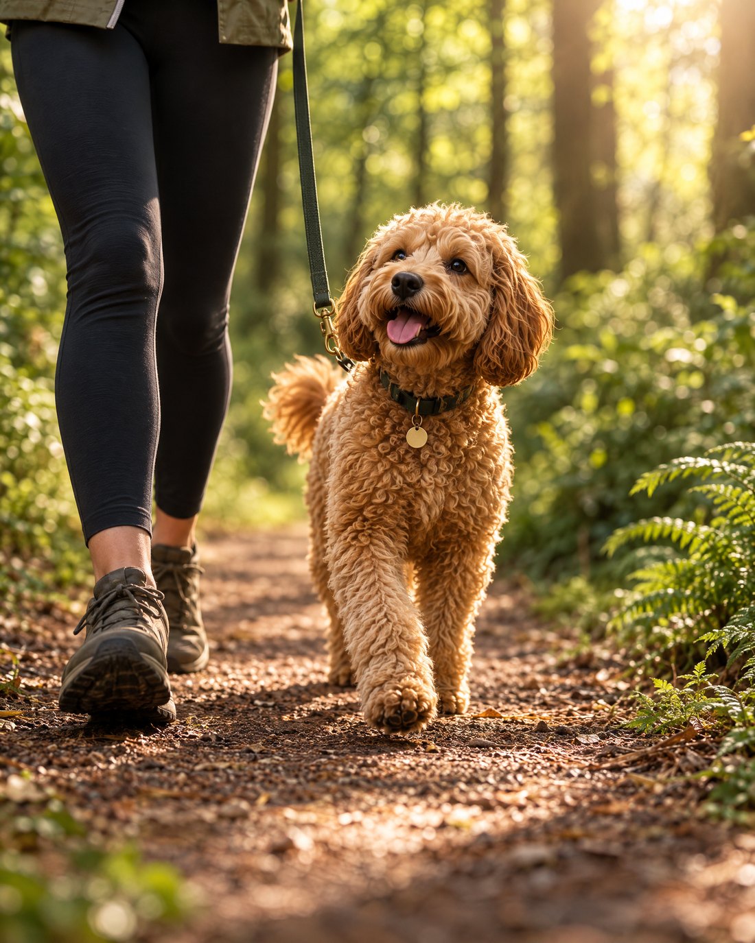 A curly-coated dog enjoying a quiet walk on a wooded trail